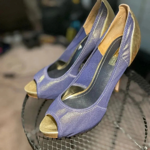 REPORT SIGNATURE TOLUCA2 PEEP TOE HEELS METALLIC GOLD AND DENIM BLUE SIZE 8 - Picture 8 of 15